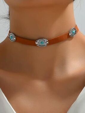 Free People Brown Leather Choker with Turquoise Accents